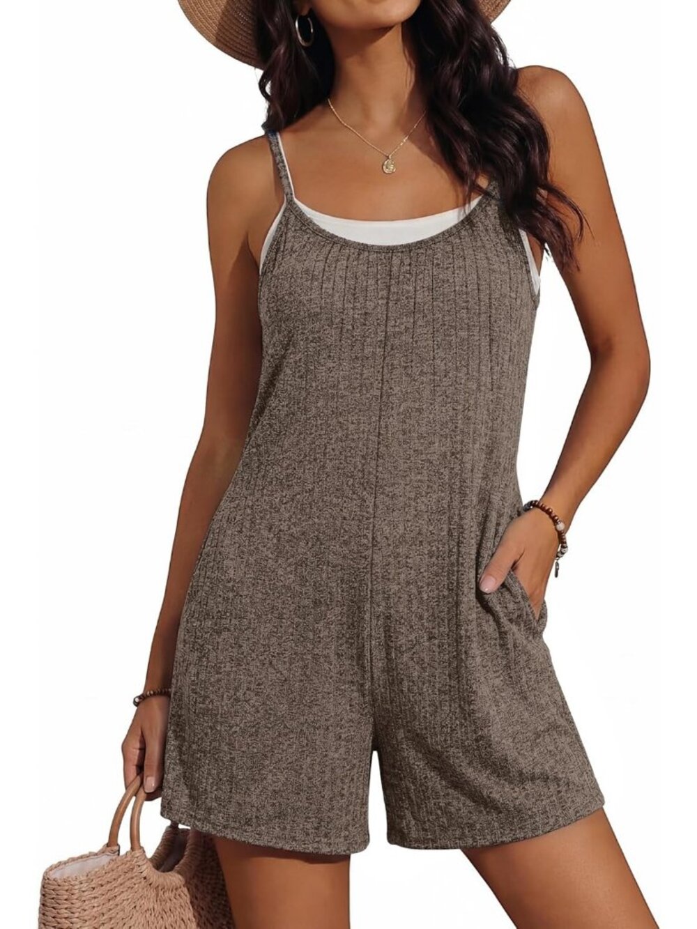 Women's Brown Summer Casual Loose Sleeveless Overall Adjustable Short Romper
